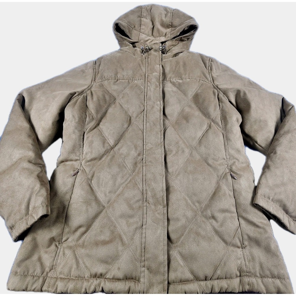 L.L.Bean Medium Quilted Coat DownTek Hooded Fleece Lined Ranch Work Jacket Suede